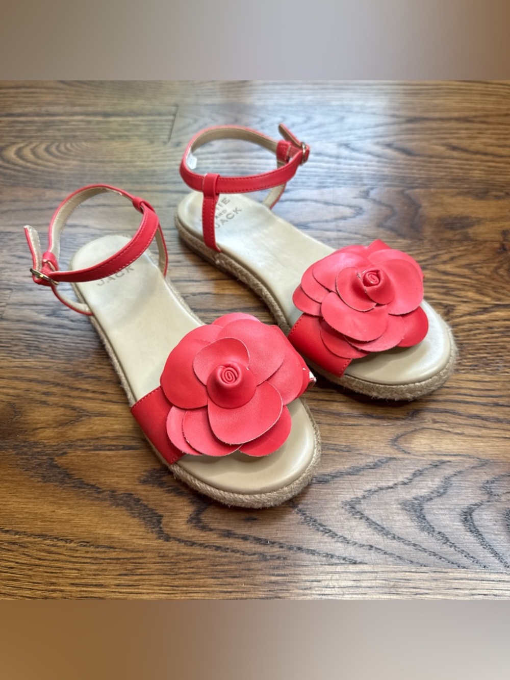 JANIE and JACK Girls Coral Red Floral Ankle-Strap Espadrille Sandals Size 4